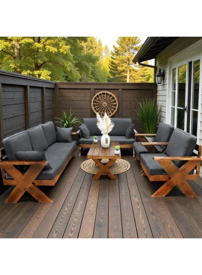Mardod Saudi European Natural Wood Outdoor Seating Set consisting of Triple sofa  + Twin sofa  + 2 Chairs + Coffee Table - Gray Color - XIW153 - Image 1
